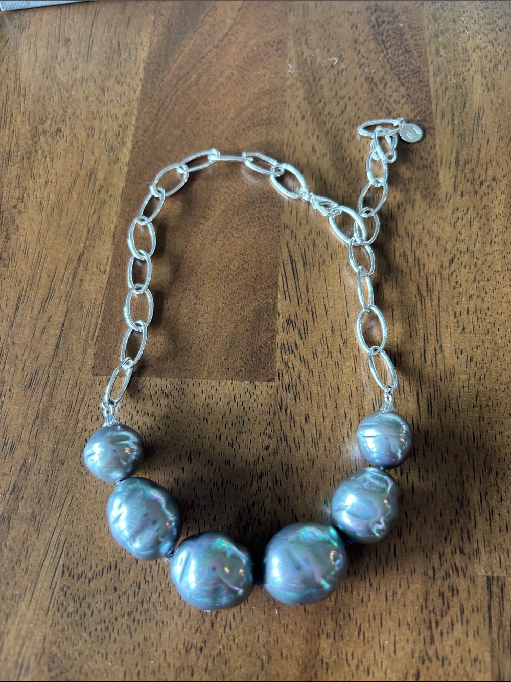 Silver Chain Necklace with Iridescent Gray Baroque Majorica Pearls